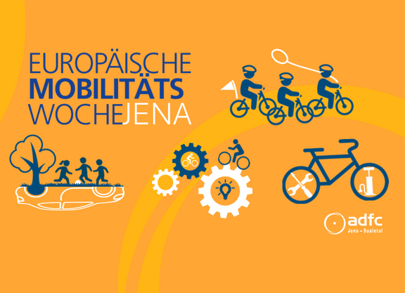 Sharepic des ADFC Jena für die Europäische Mobilitätswoche 2026 mit Kindern beim Fahrrad fahren und Ball spielen