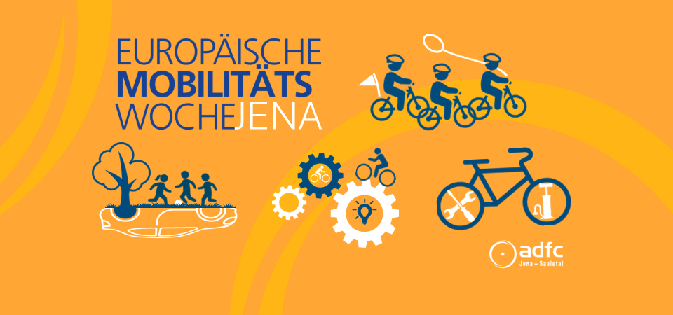Sharepic des ADFC Jena für die Europäische Mobilitätswoche 2026 Sharepic des ADFC Jena für die Europäische Mobilitätswoche 2026 mit Kindern beim Fahrrad fahren und Ball spielen