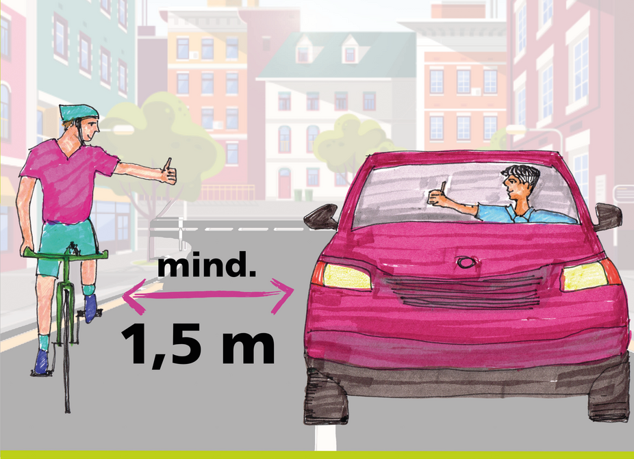 Plakat 2 Poster: Ein Autofahrer überholt eine Radfahrerin mit mind. 1,5 m Abstand. Beide schauen einander freundlich an.