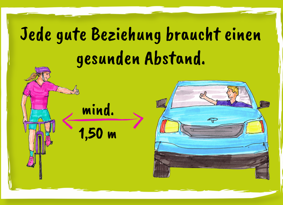 Postkarte 1 Postkarte: Ein Autofahrer überholt eine Radfahrerin
