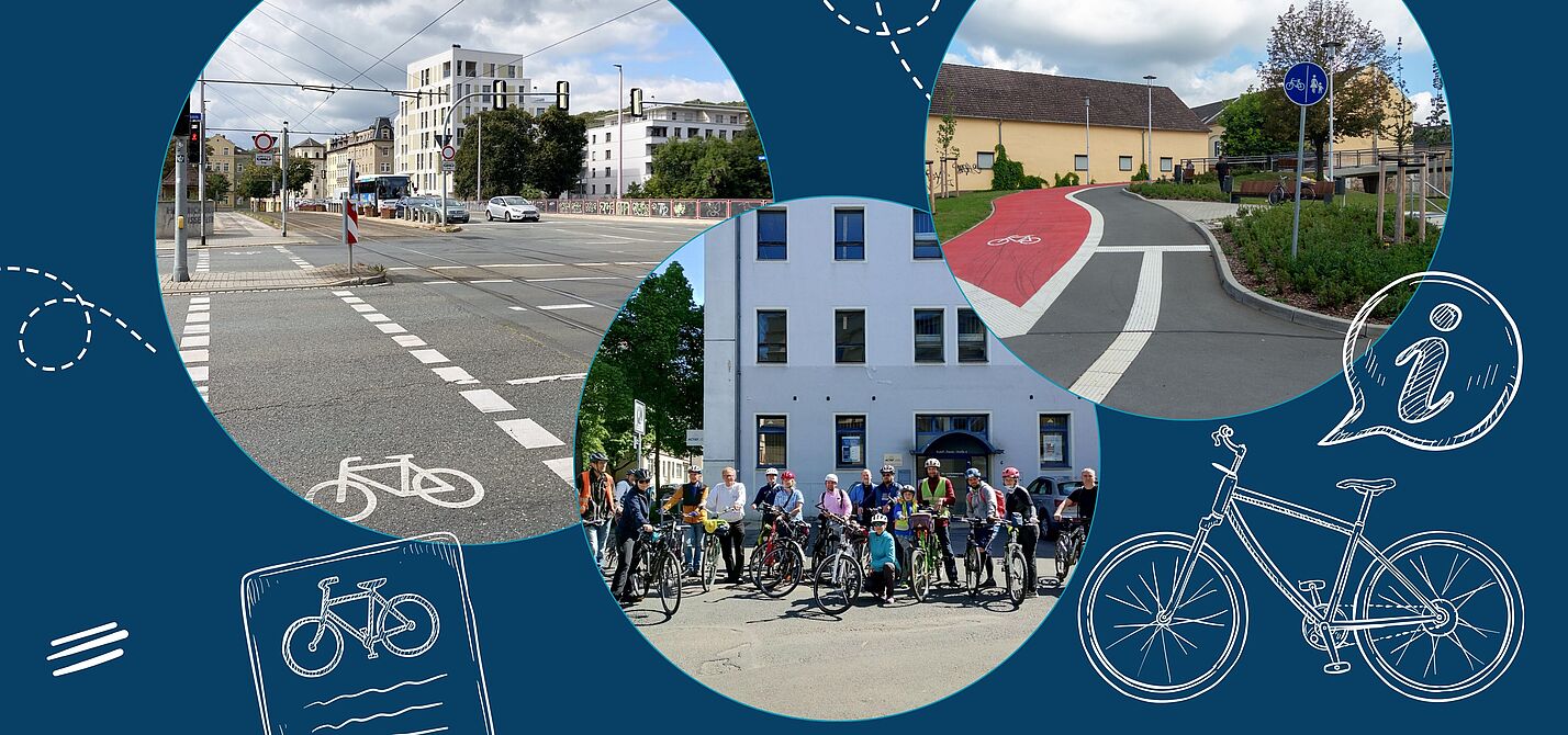 Drei Fotos zeigen exemplarisch Radfahrende und Radverkehrsinfrastruktur in Gera.