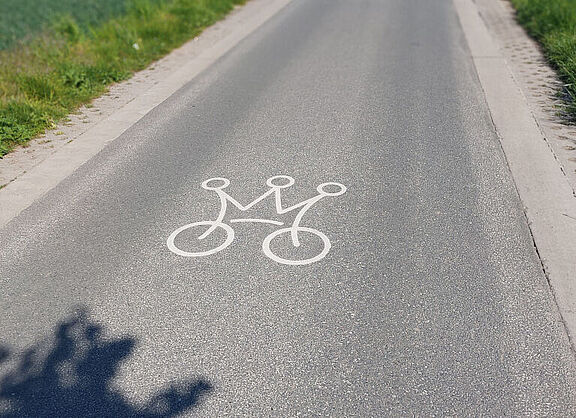 Straßenoberfläche, auf der ein gekröntes Fahrrad als Icon abgebildet ist.