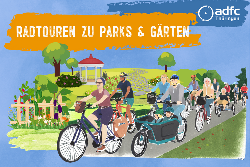 Ein gezeichnetes Bild: Eine Radfahrendengruppe fährt durch eine Park- und Gartenlandschaft.